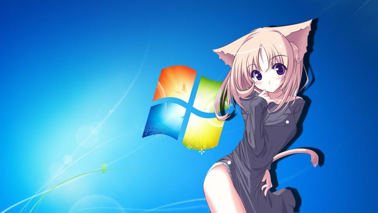 Anime Cat Girl With Windows7 Background Wallpaper