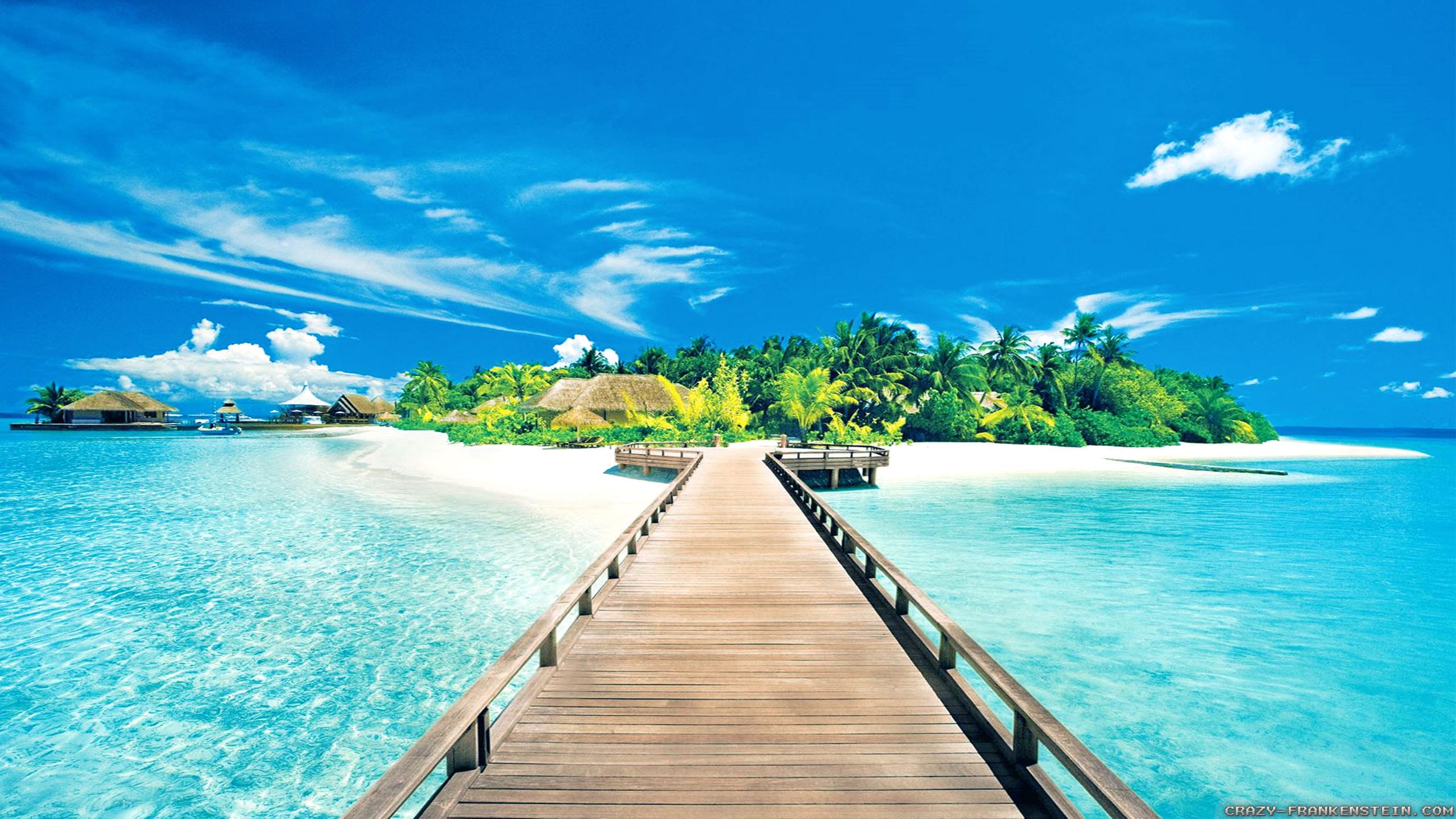 A wooden pier stretches towards a tropical island paradise with pristine white sand beaches, lush palm trees, and crystal-clear turquoise water under a vibrant blue sky
