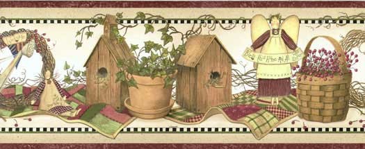Wallpaper Border Country Angels Birdhouses Baskets Quilts Berries Ivy