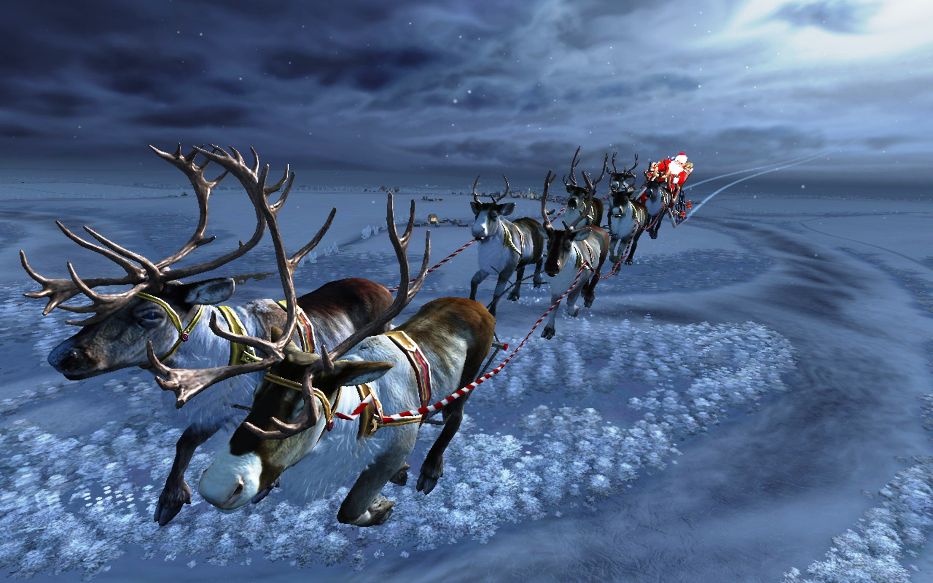 Santa Claus flying his sleigh pulled by reindeer across a snowy landscape on Christmas Eve