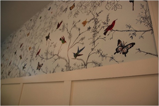 wall mural based on schumachers birds and butterflies wallpaper