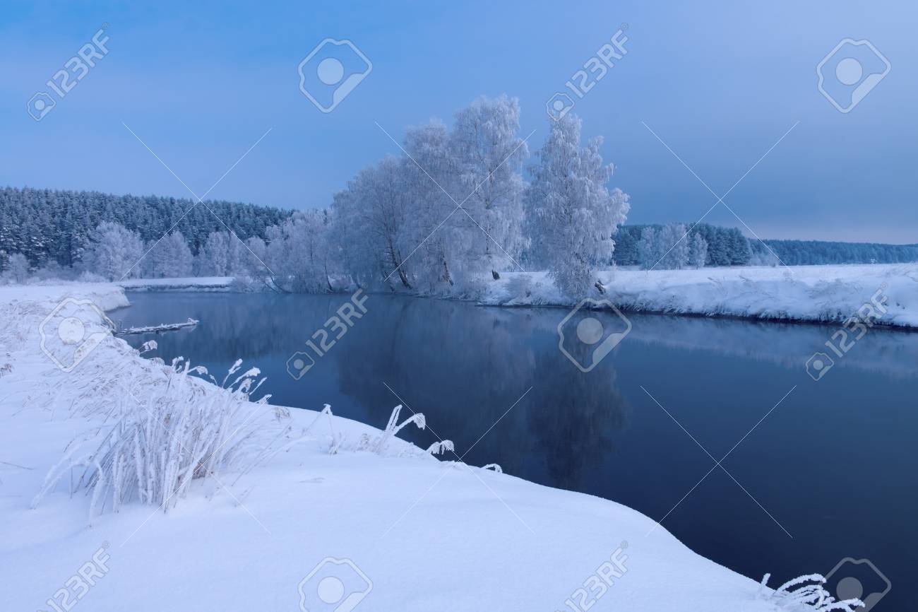 Winter Scene With River Background Stock Photo Picture And