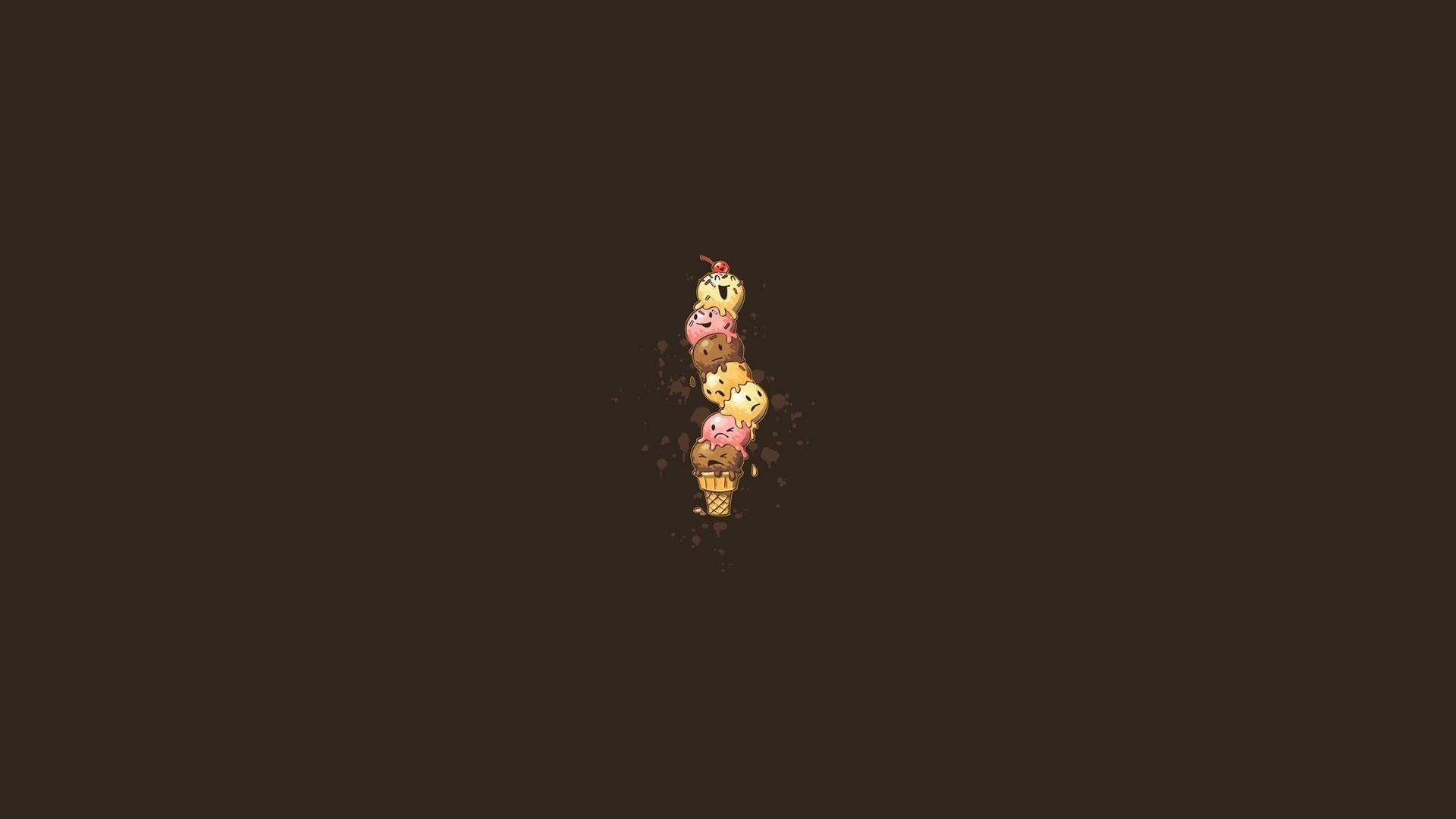 Minimalist 4k wallpaper featuring a stack of melting ice cream scoops on a cone, against a dark brown background