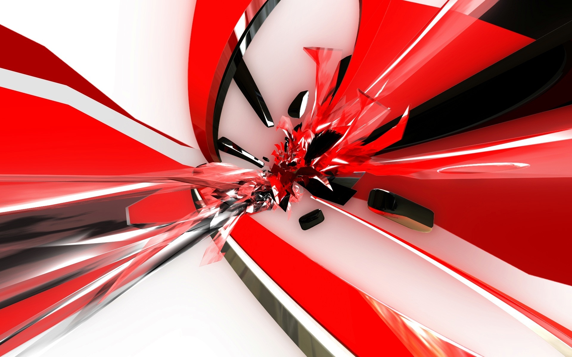 A dynamic abstract composition featuring swirling red and black shapes against a white background, creating a sense of motion and energy