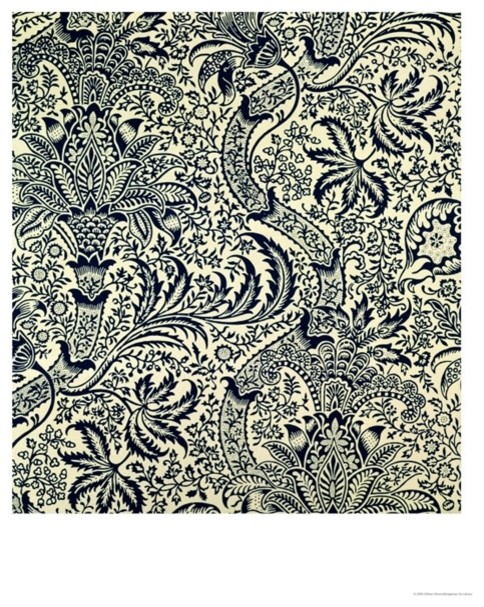 Wallpaper With Navy Blue Seaweed Style Design Giclee Print