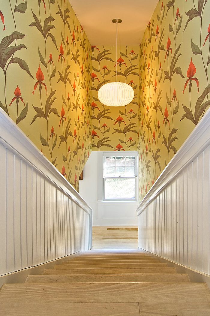 Orchid Wallpaper Turns The Stairway Into A Delightful Setting Design
