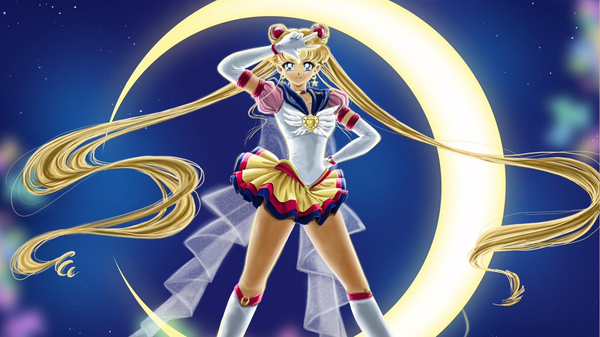 Sailor Moon standing in front of a crescent moon, her long blonde hair flowing in the starry night sky