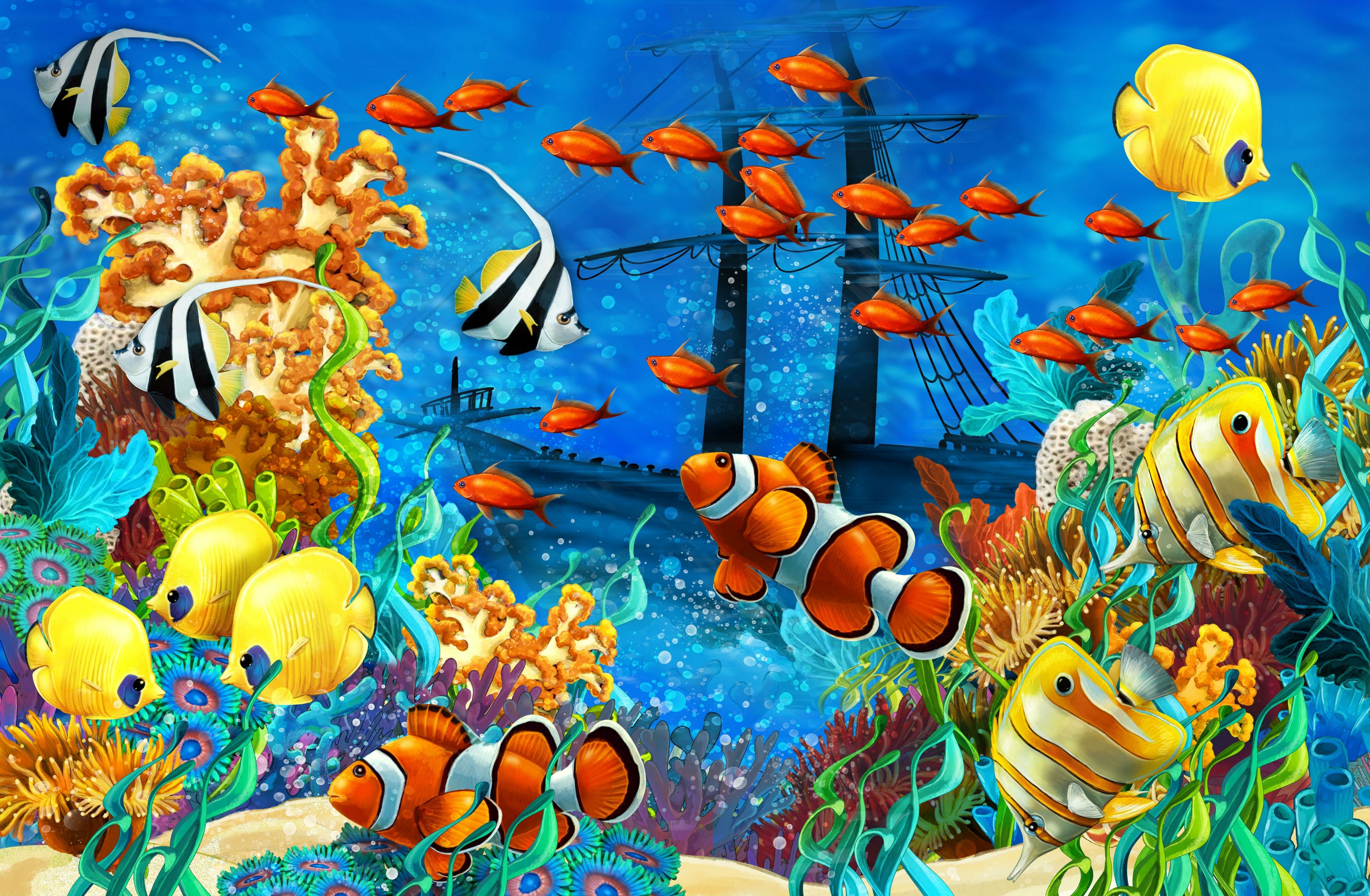 Shipwreck Sea Seabed Fish Corals Underwater Ocean Tropical G Wallpaper