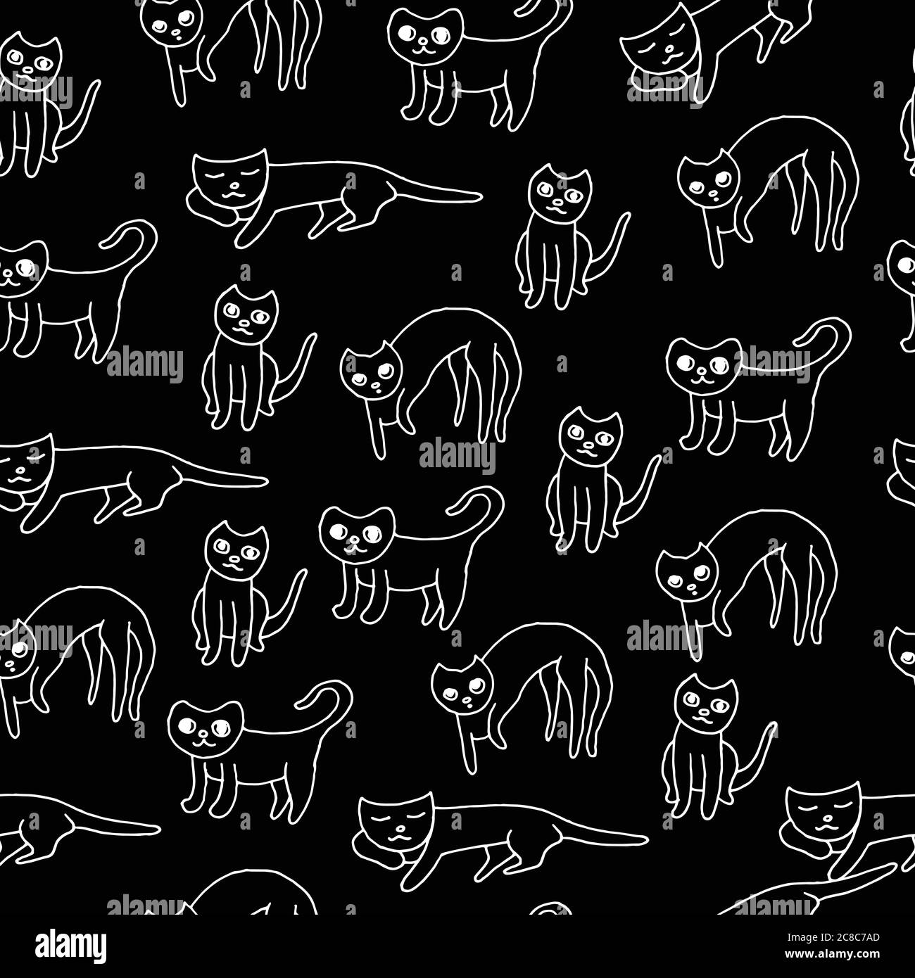 Child drawn cat on black seamless pattern Vector graphic art