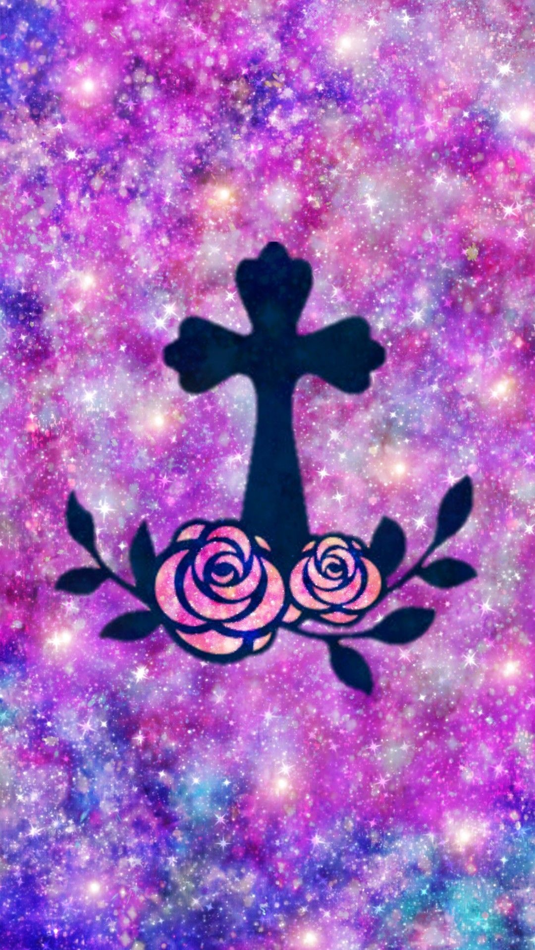Floral Cross Galaxy Made By Me Purple Sparkly Wallpaper