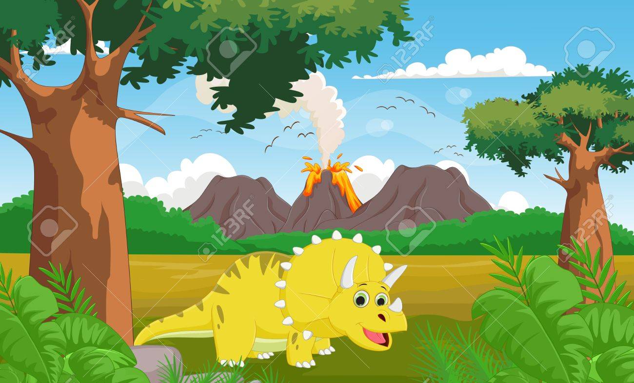 Cute Cartoon Triceratops With Volcano Background Royalty