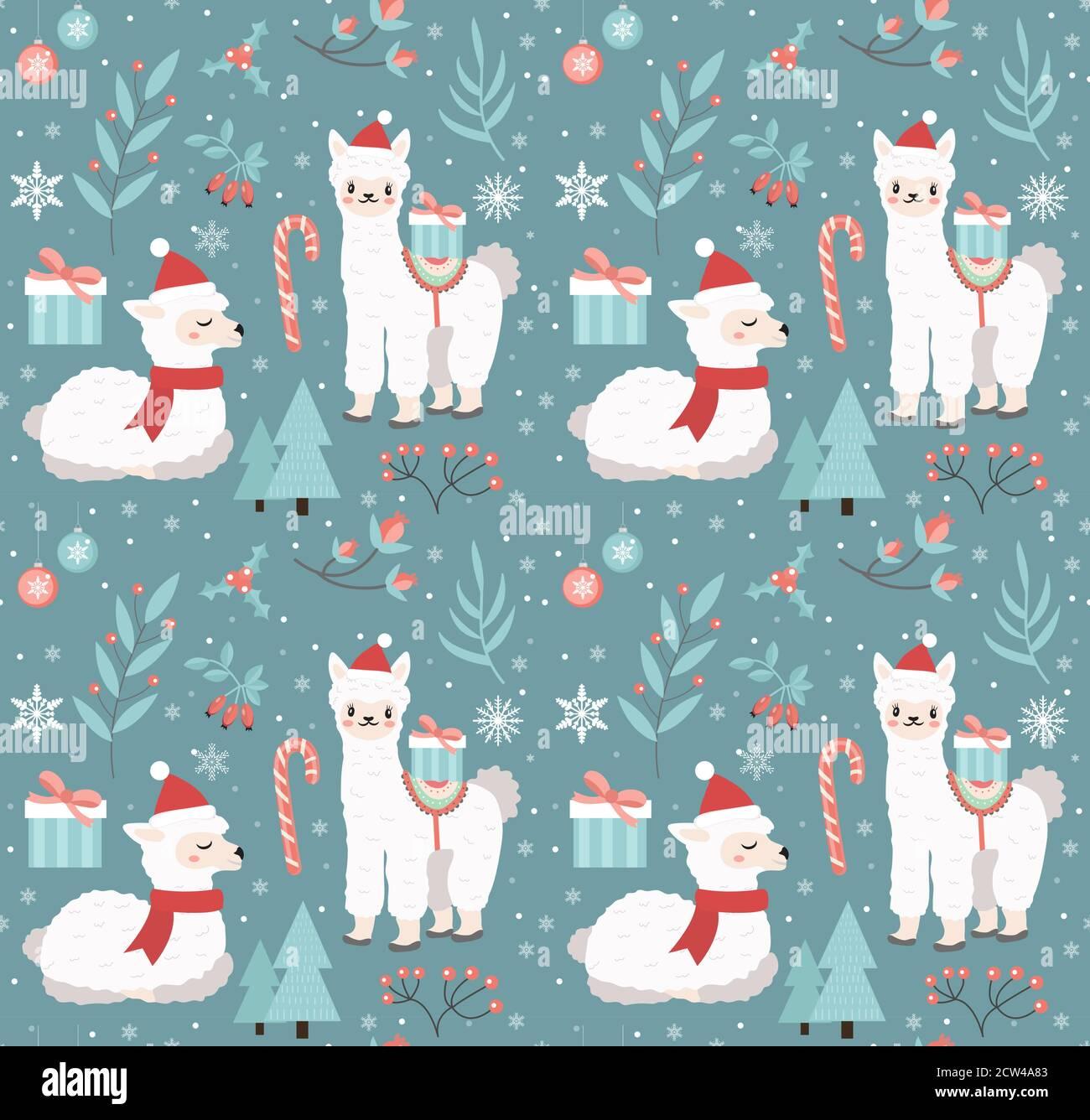 Merry Christmas Seamless Pattern Cute Llama In Winter Forest