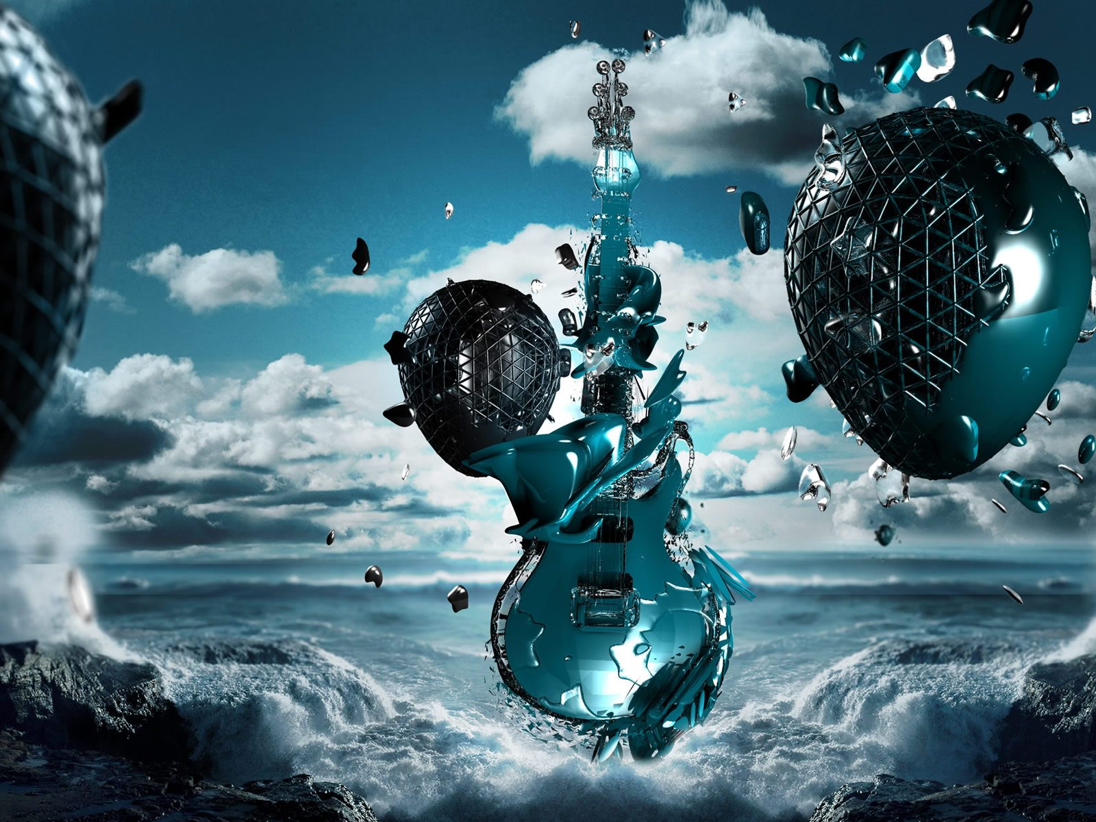 A 3D render of a guitar exploding over a turbulent ocean, with abstract geometric shapes floating in the air, creates a surreal and artistic desktop wallpaper