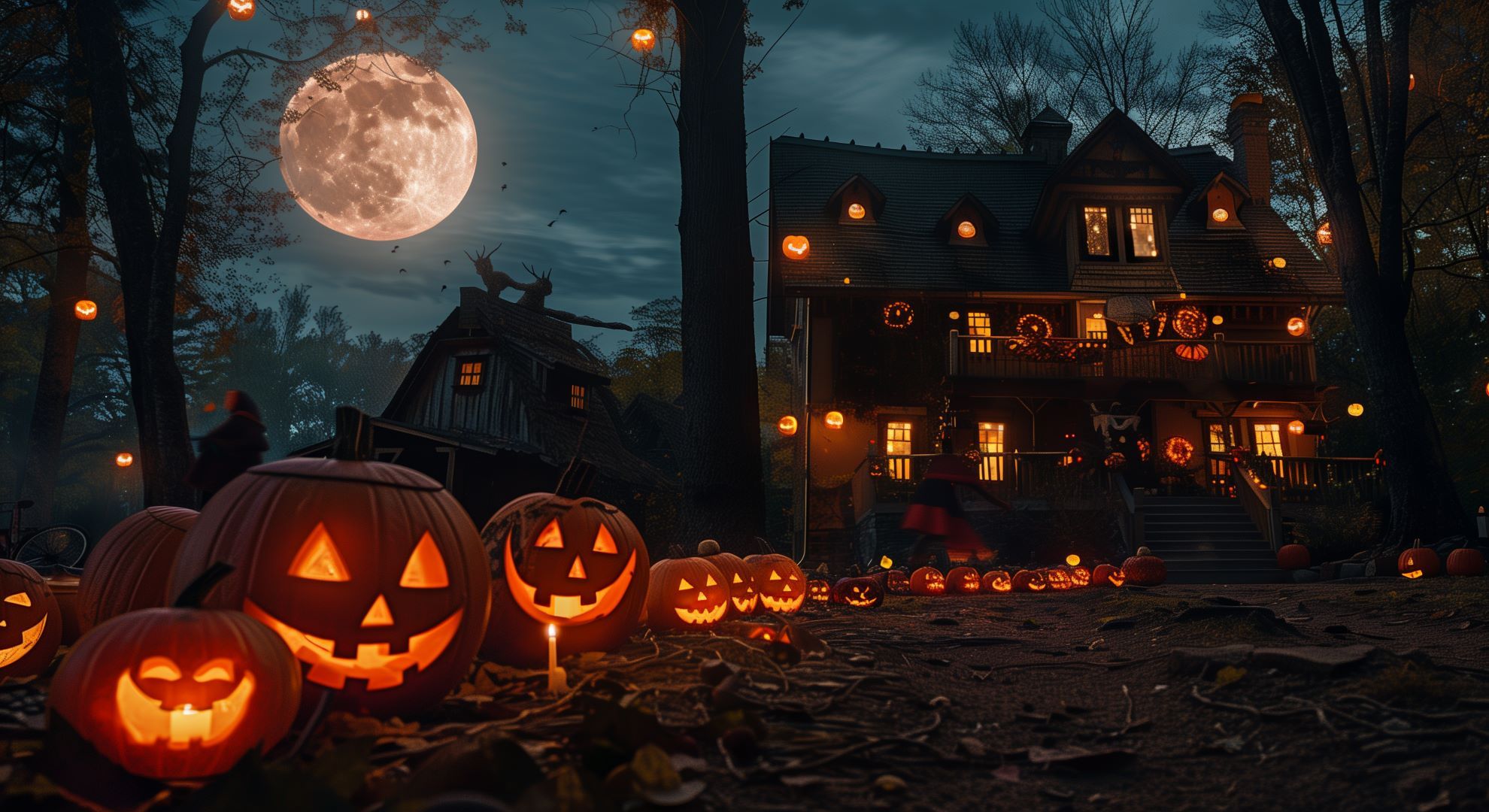 Halloween Desktop Wallpaper With Pumpkins Witches Full Moon House