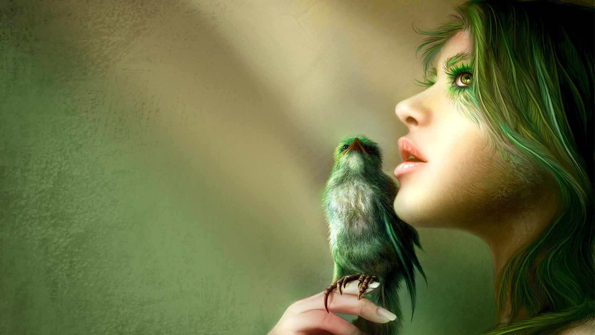 Green Bird Girl HD wallpaper 1920x1080