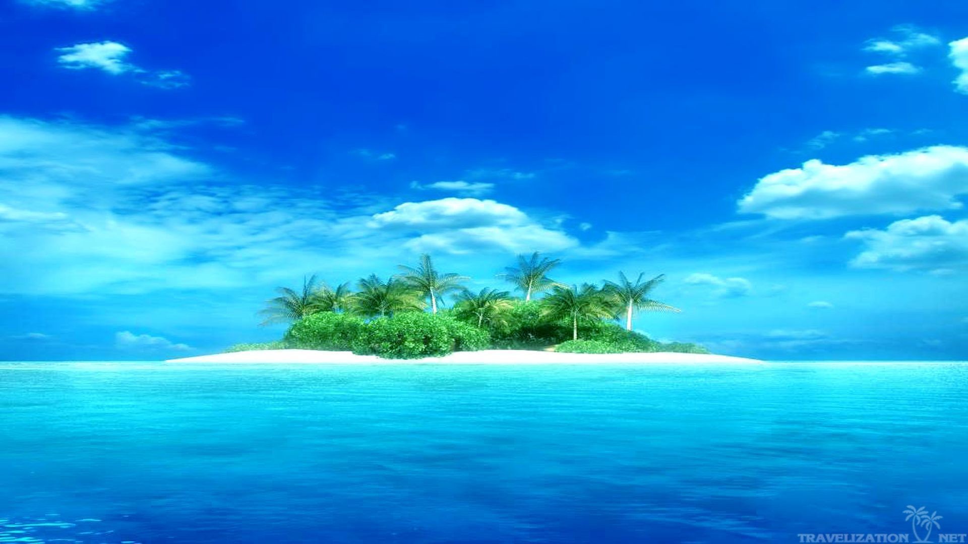 A small, idyllic tropical island with white sand and palm trees in a turquoise ocean under a blue sky with scattered clouds