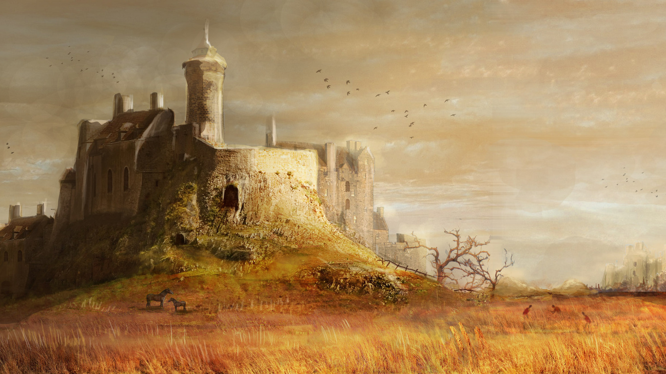 wallpapers medieval castle hill towers trees grass horses