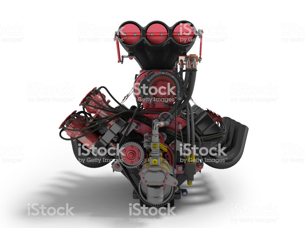 Red Engine With Supercharger Front 3d Render On White