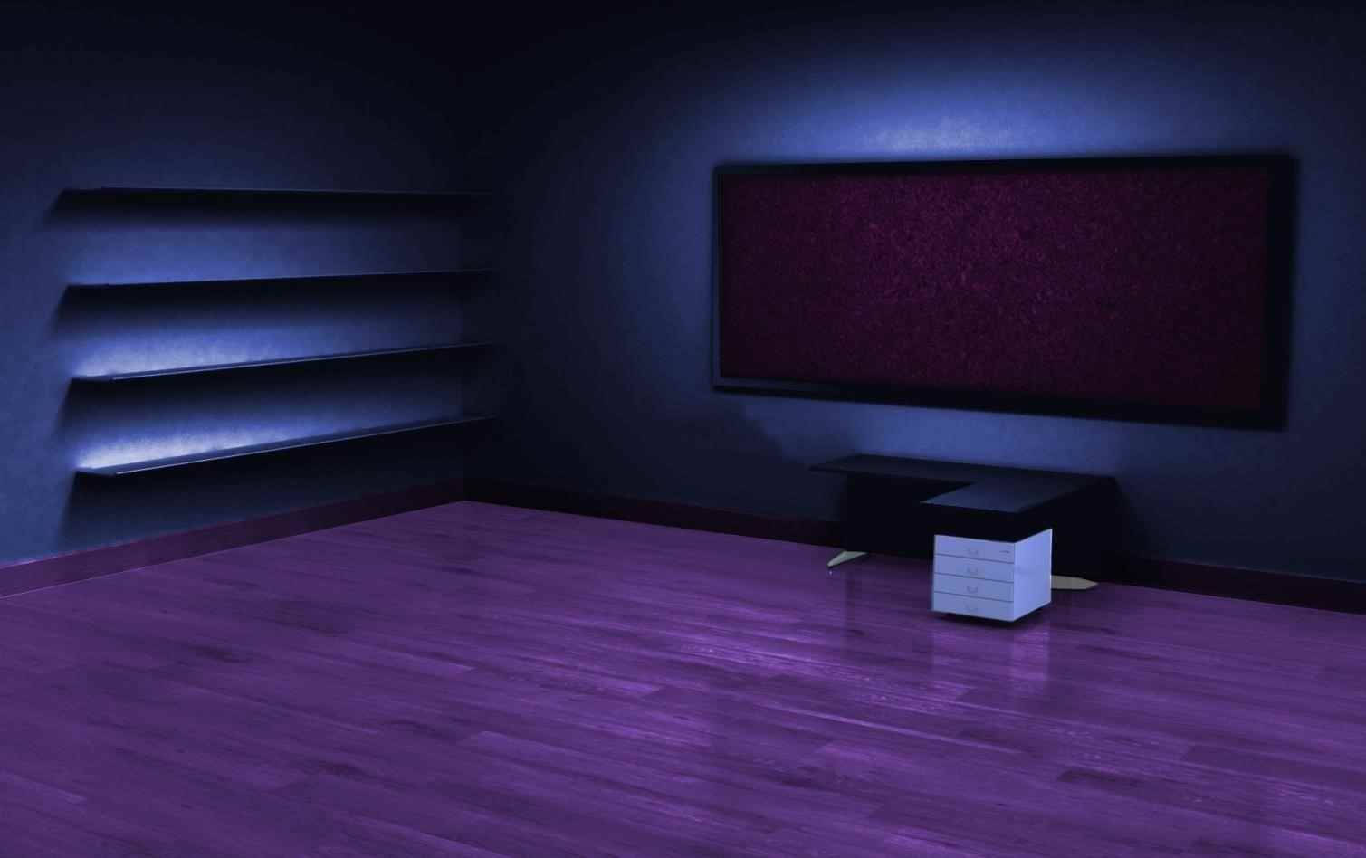 A minimalist, dimly lit room featuring sleek shelves and a modern desk against a purple backdrop. Perfect for 4K wallpapers