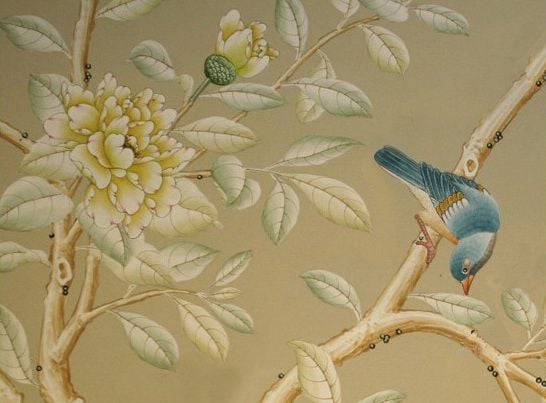 Wallpaper with Birds hand painted wallpaper chinoiserie wallpaper 546x403