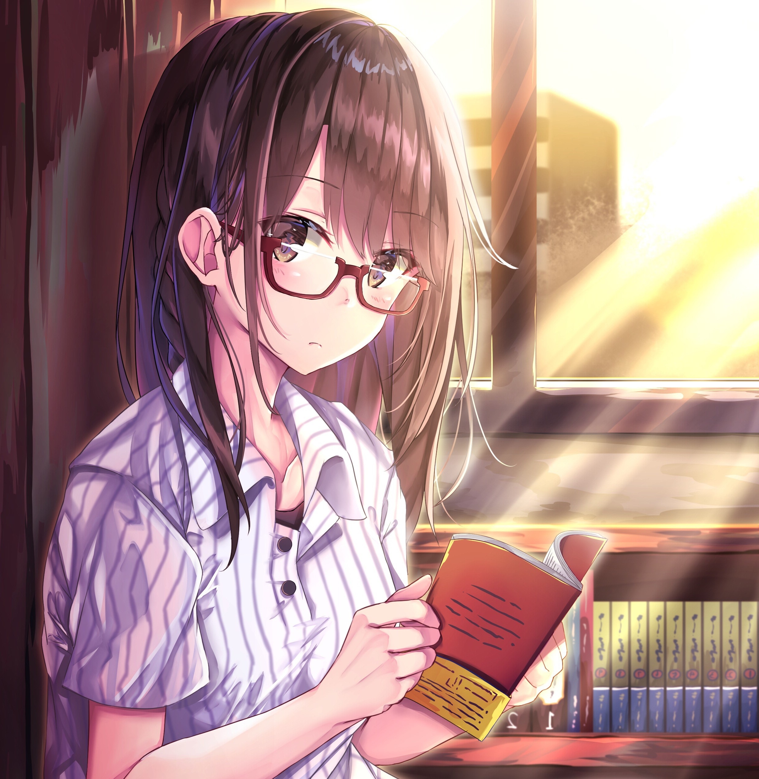 Wallpaper Anime Girl Cute Reading Moe Brown Hair Meganekko