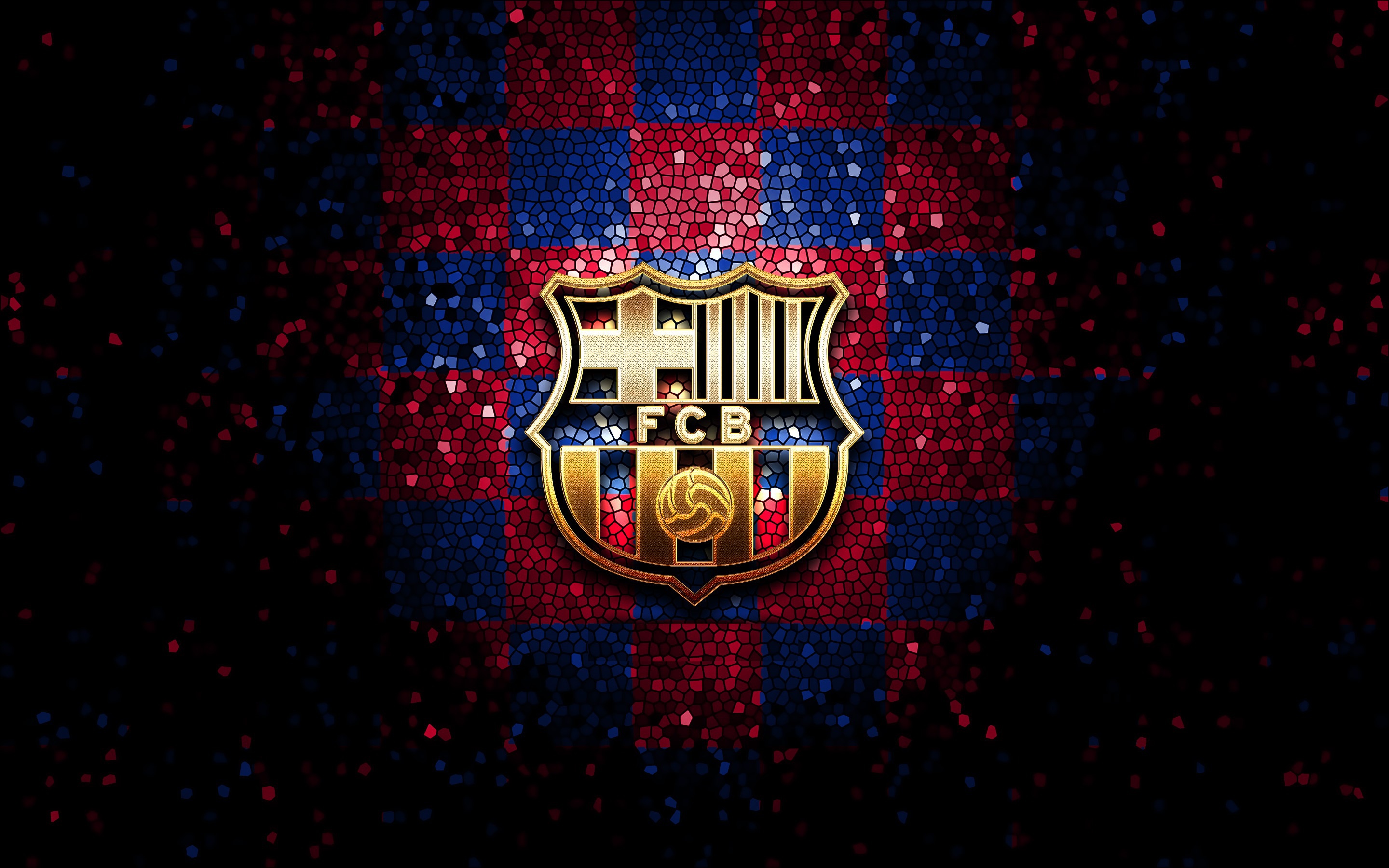 A striking 4K wallpaper featuring the iconic FC Barcelona crest in gold against a checkered background of red and blue mosaic tiles