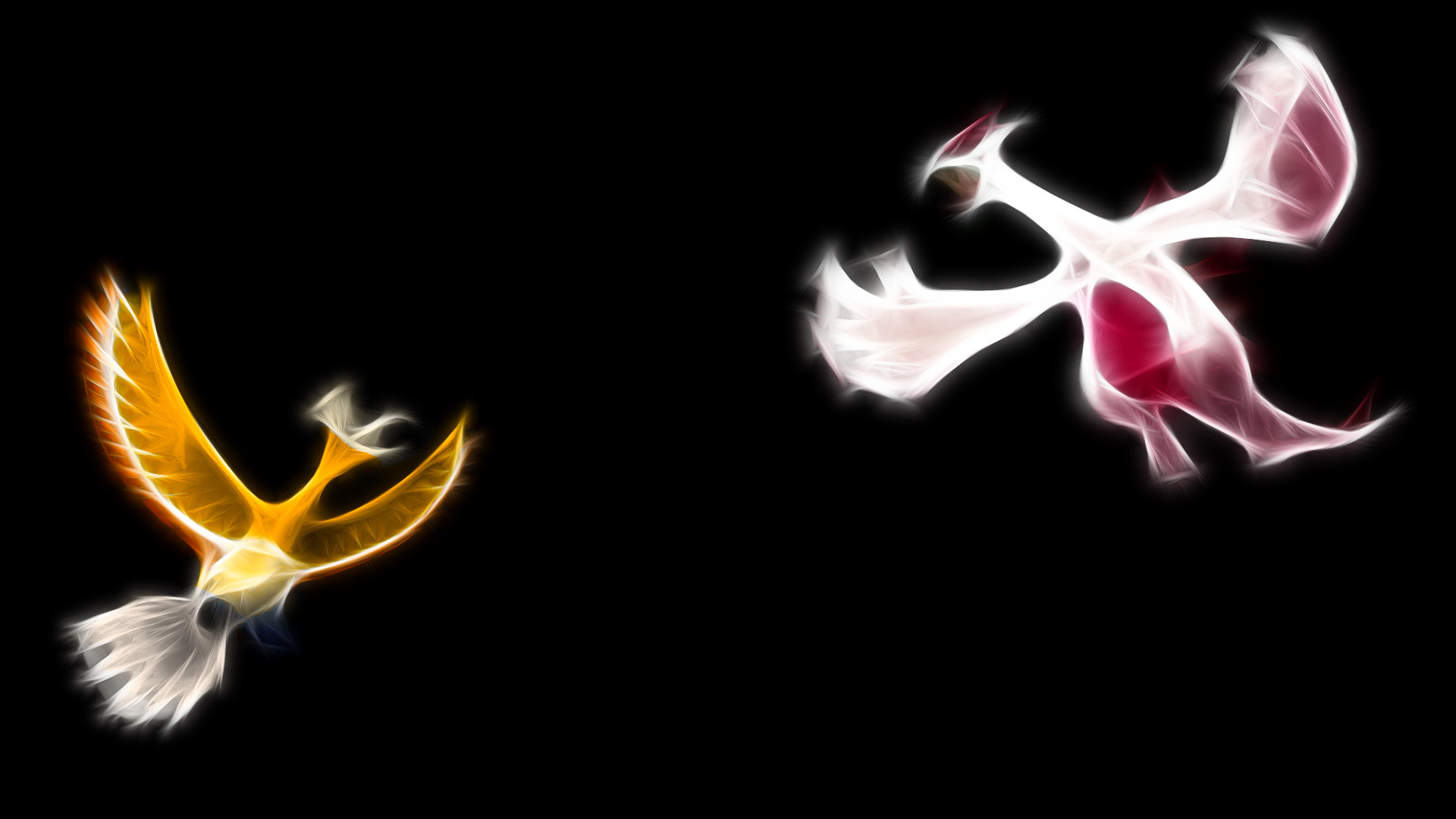 Stylized Ho-Oh and Yugia battling on a black background, Pokemon Black wallpaper