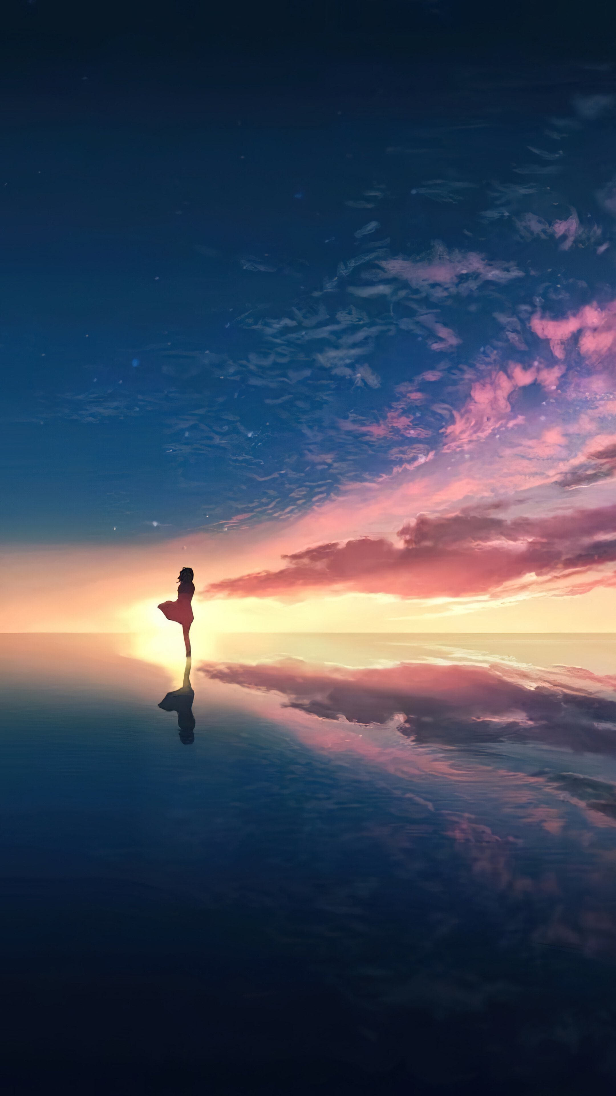 Sunset Anime Girl Silhouette Horizon Clouds Scenery 4k Wallpaper