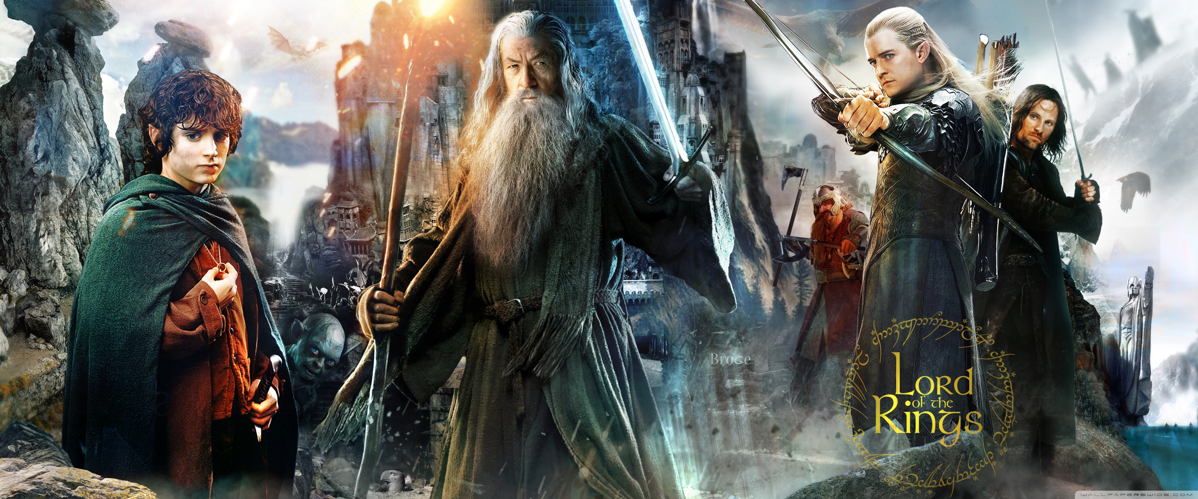 A collage of characters from the Lord of the Rings trilogy, including Frodo Baggins, Gandalf, Legolas, and Aragorn, set against a backdrop of Middle-earth landscapes