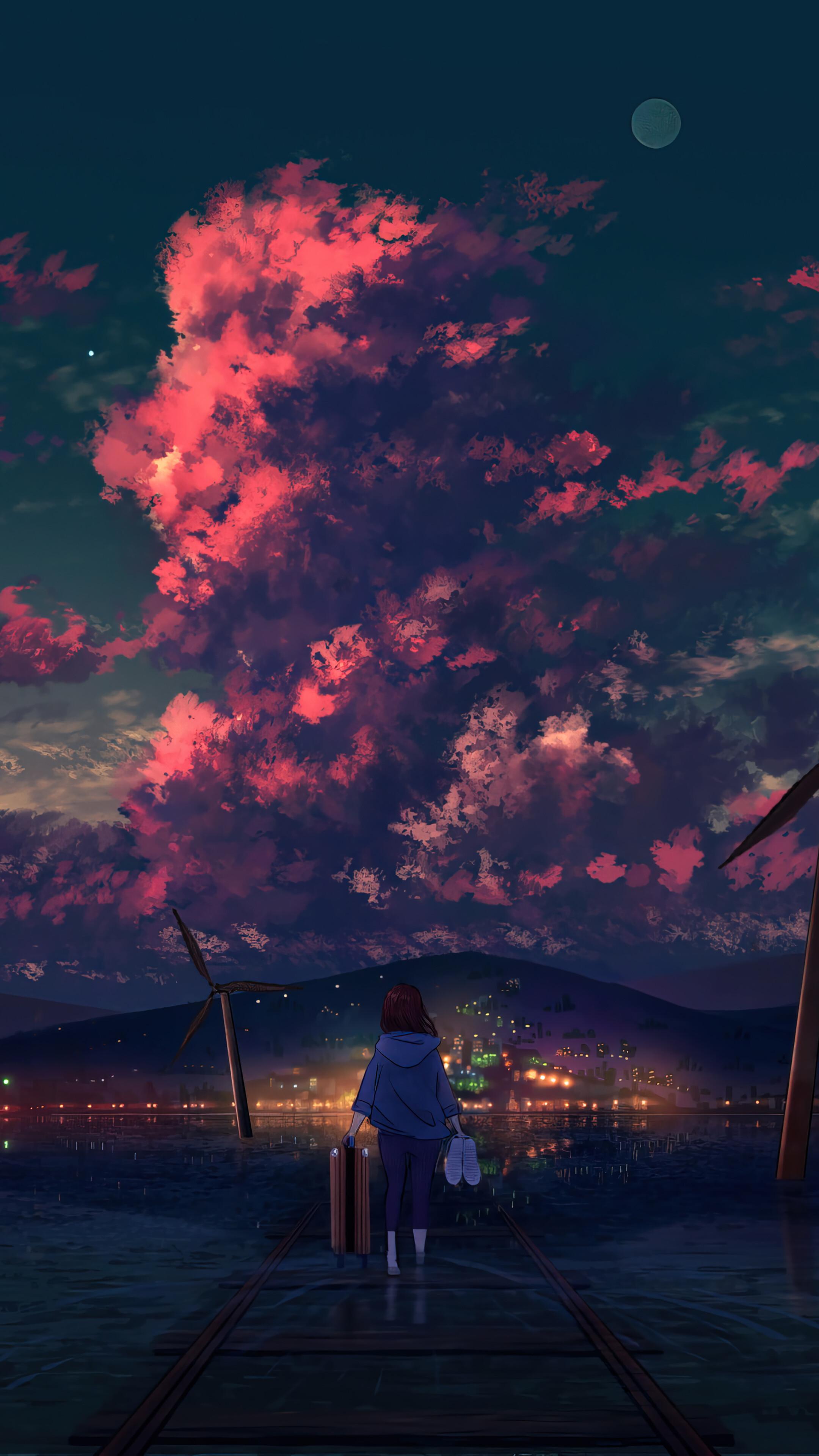 Anime Art Night Sky Scenery Wallpaper iPhone Phone 4K 1400f