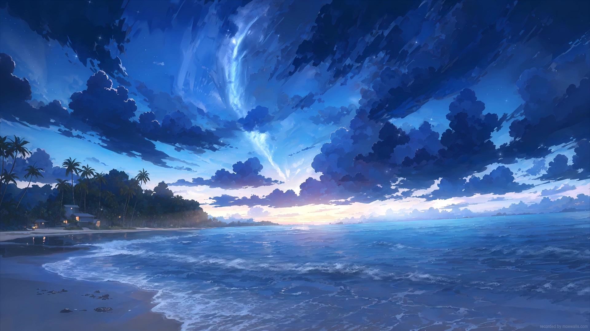 Premium Photo | Anime flat calm ocean under a blue sky in banner format