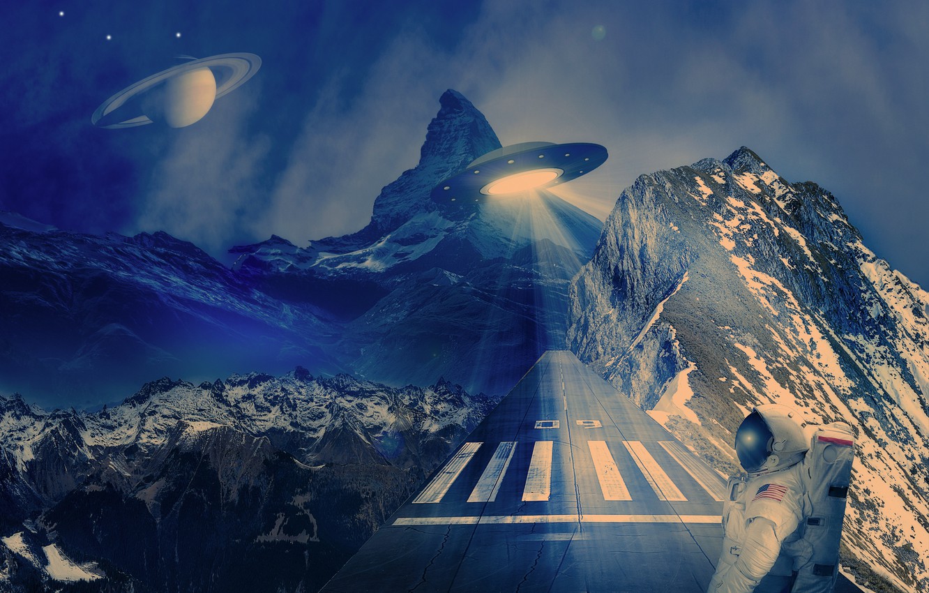 Wallpaper Rays Landscape Mountains Pla Ufo Astronaut
