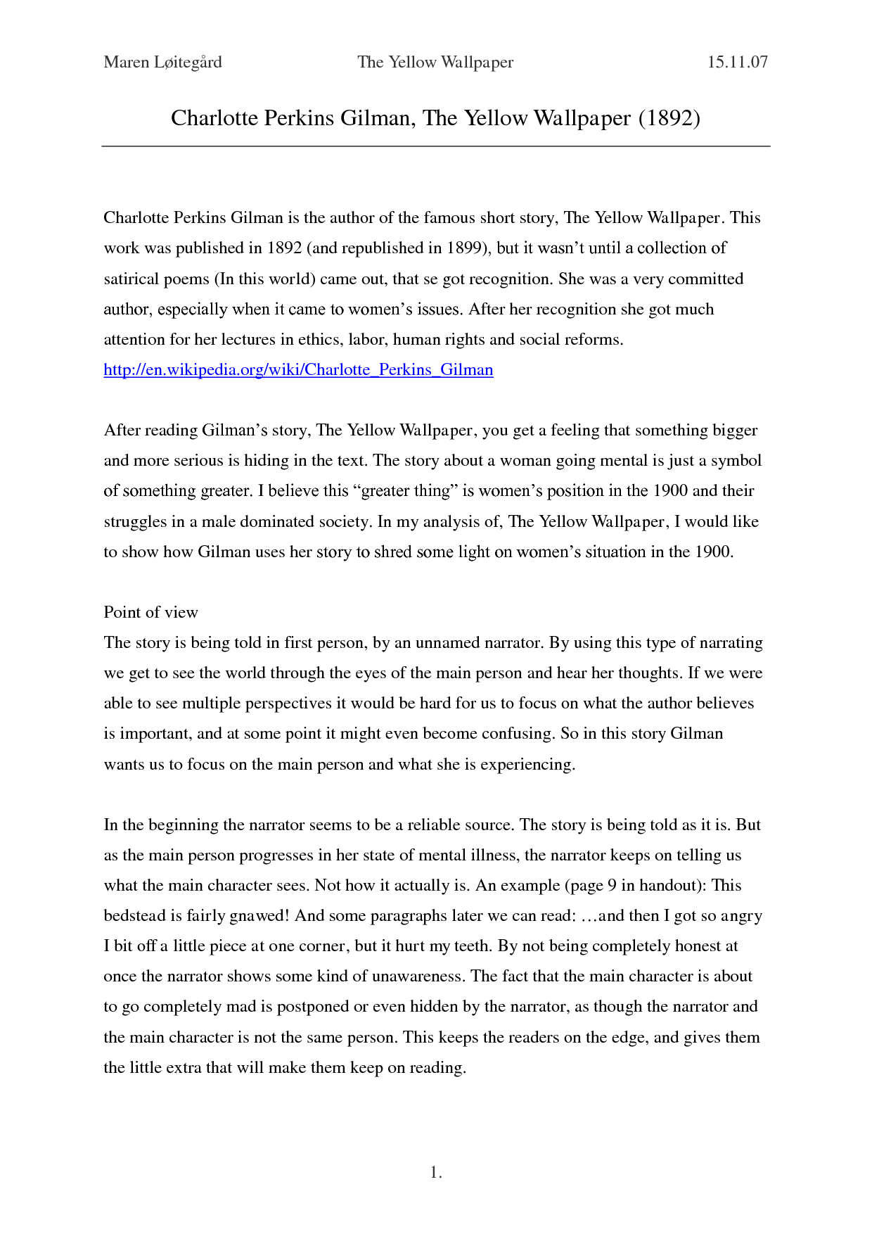 Yellow Wallpaper Character Analysis Essay South Florida Painless