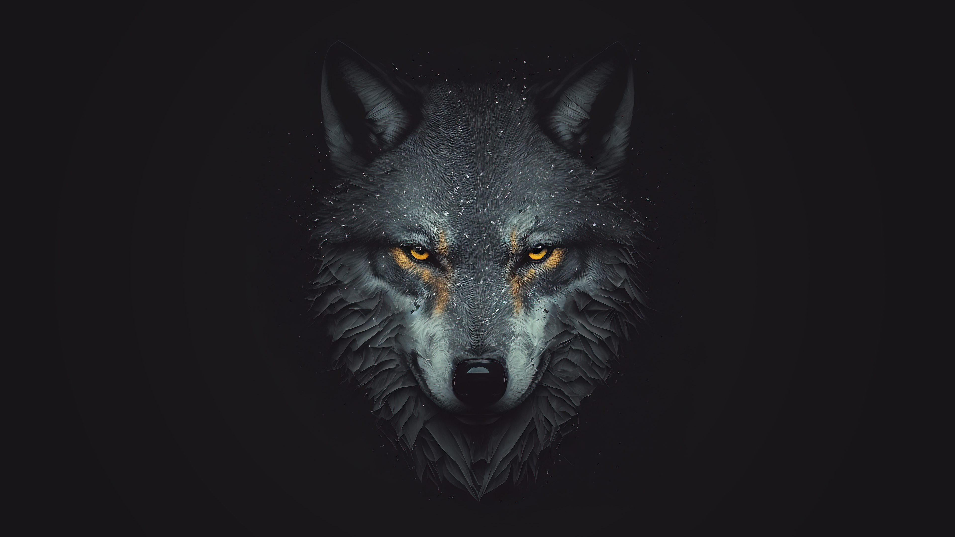 A majestic wolf with piercing golden eyes stares intensely from a dark background, its fur textured and highlighted with white speckles. 4K wallpaper