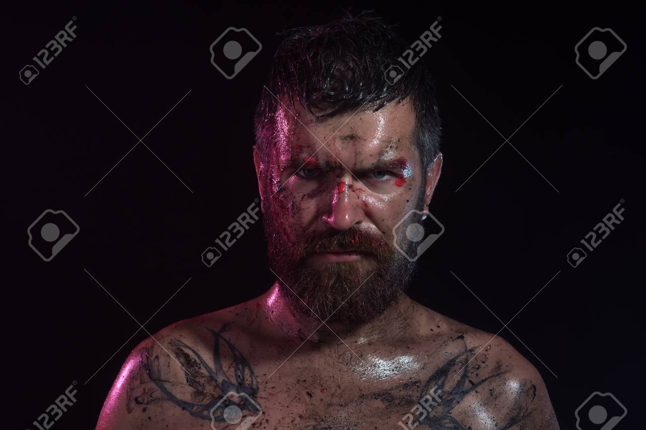 Bearded Hipster With Tattoo On Chest Black Background Wizard