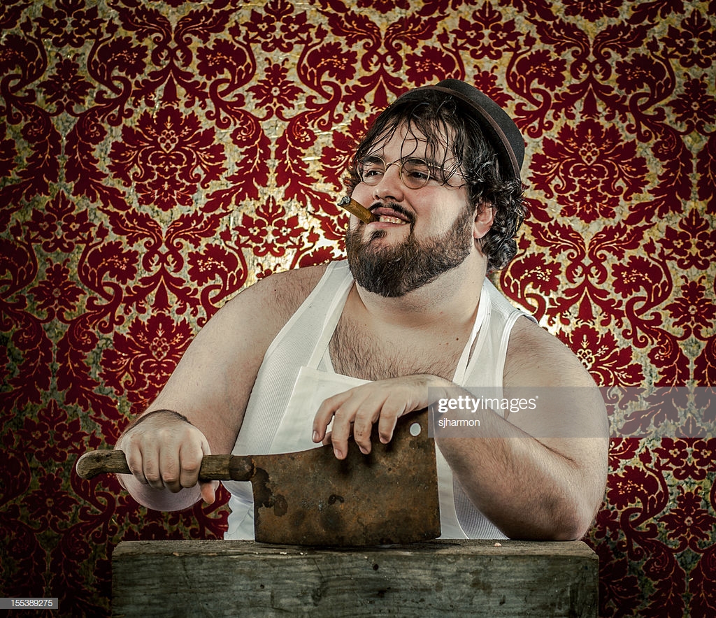 Large Bearded Man Posing With Rusty Cleaver Ornate Wallpaper Stock