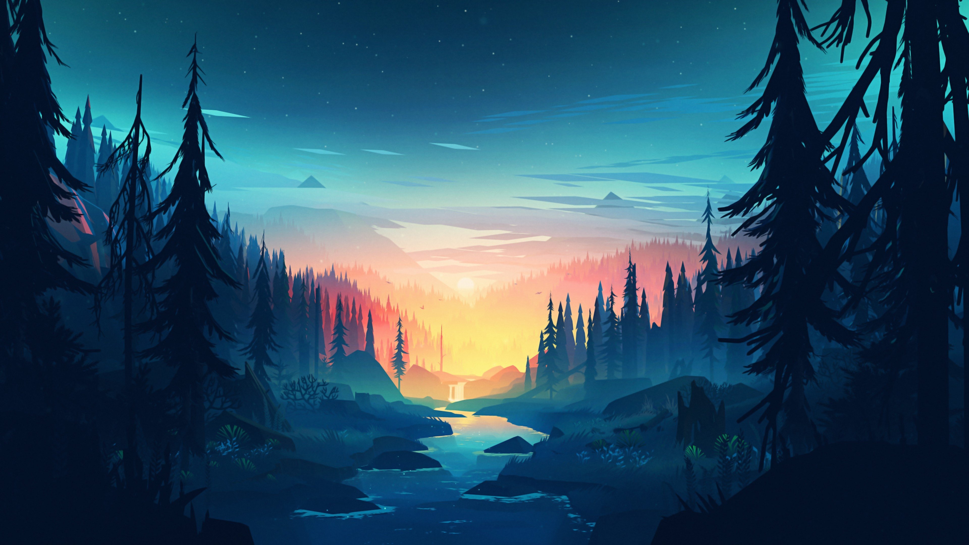 Minimalist 4k wallpaper of a serene forest landscape at sunset, featuring a river flowing through the trees and a colorful sky