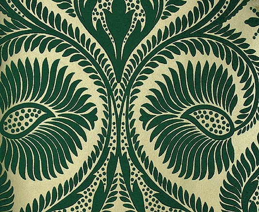 Dryden Flock Wallpaper Large Scale Damask In Green On Gold Mica