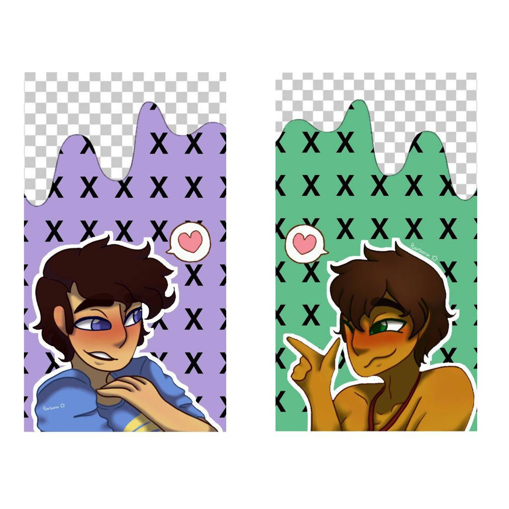 Fan art of two characters, possibly from Aphmau's MyStreet series, against patterned backgrounds. One character has dark hair and a blue shirt, while the other has brown hair and darker skin