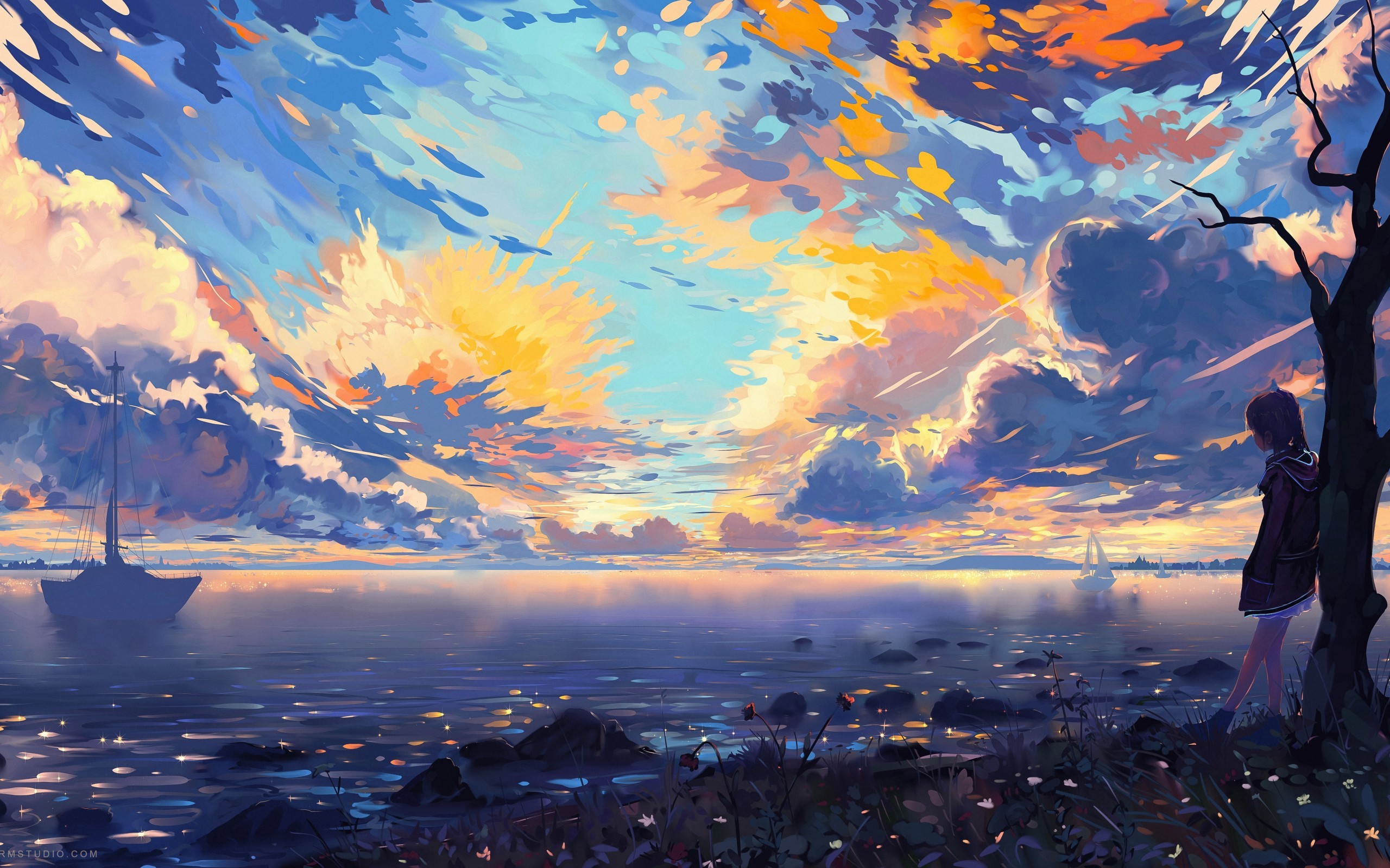 Anime Landscape Sea Ships Colorful Clouds