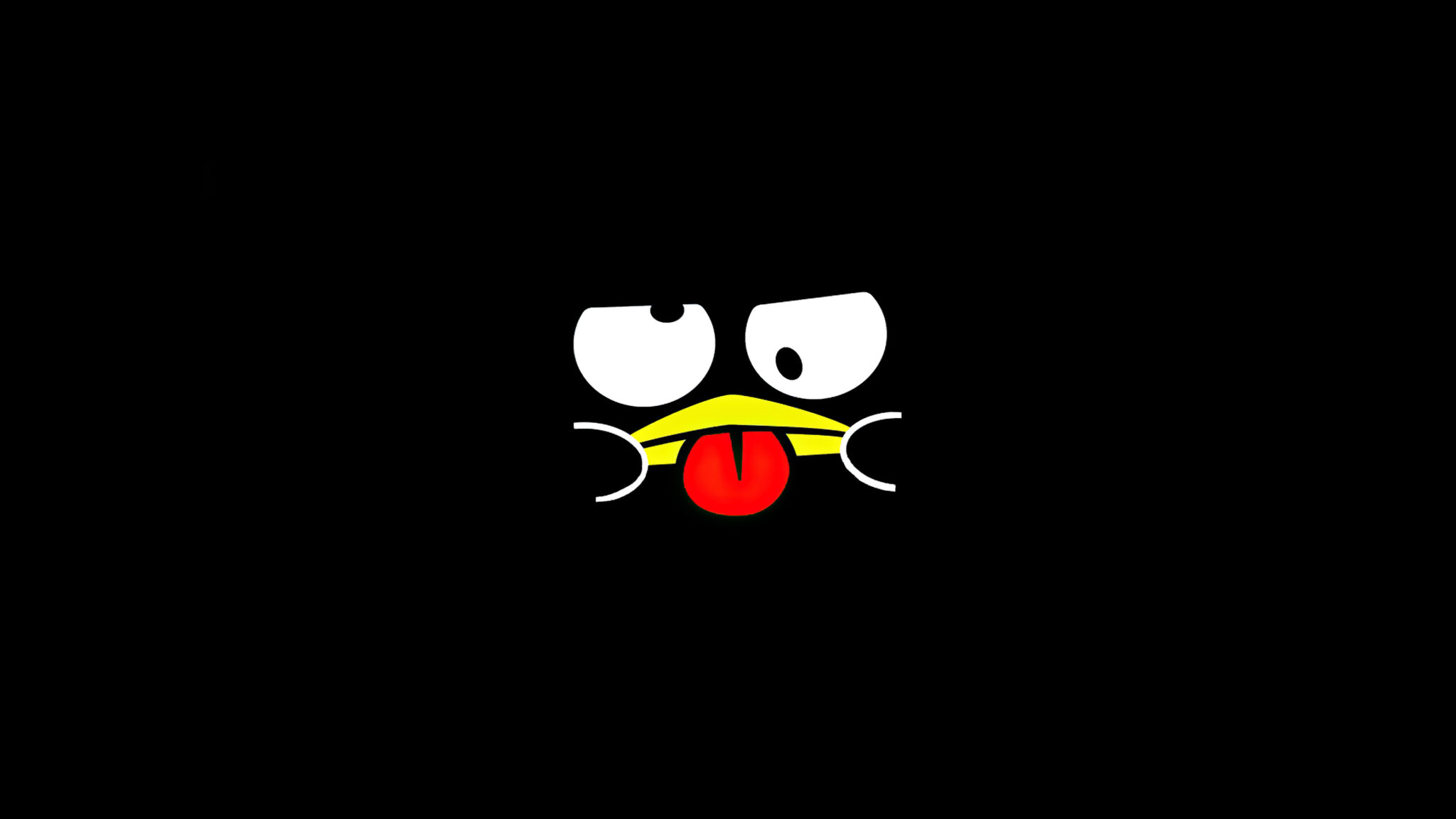 A cartoon character with crossed eyes and tongue sticking out on a black background