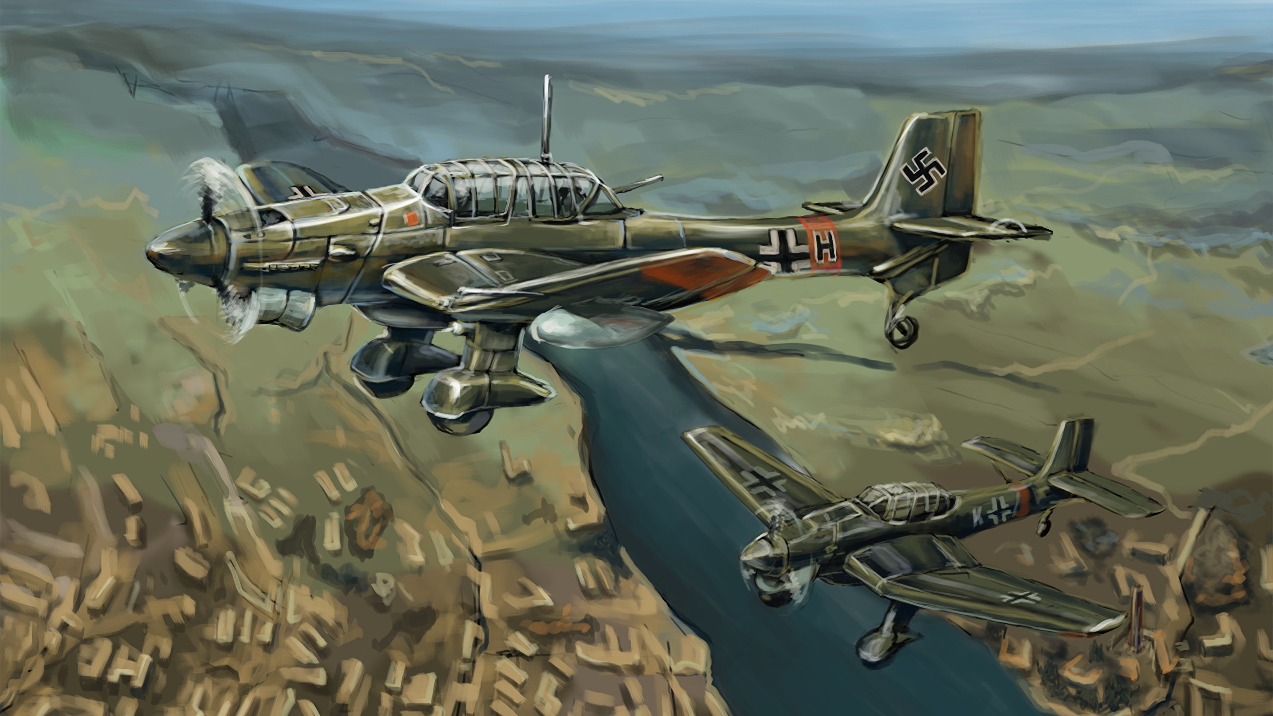 Wallpaper Airplane German Junkers Ju Stuka Painting Art