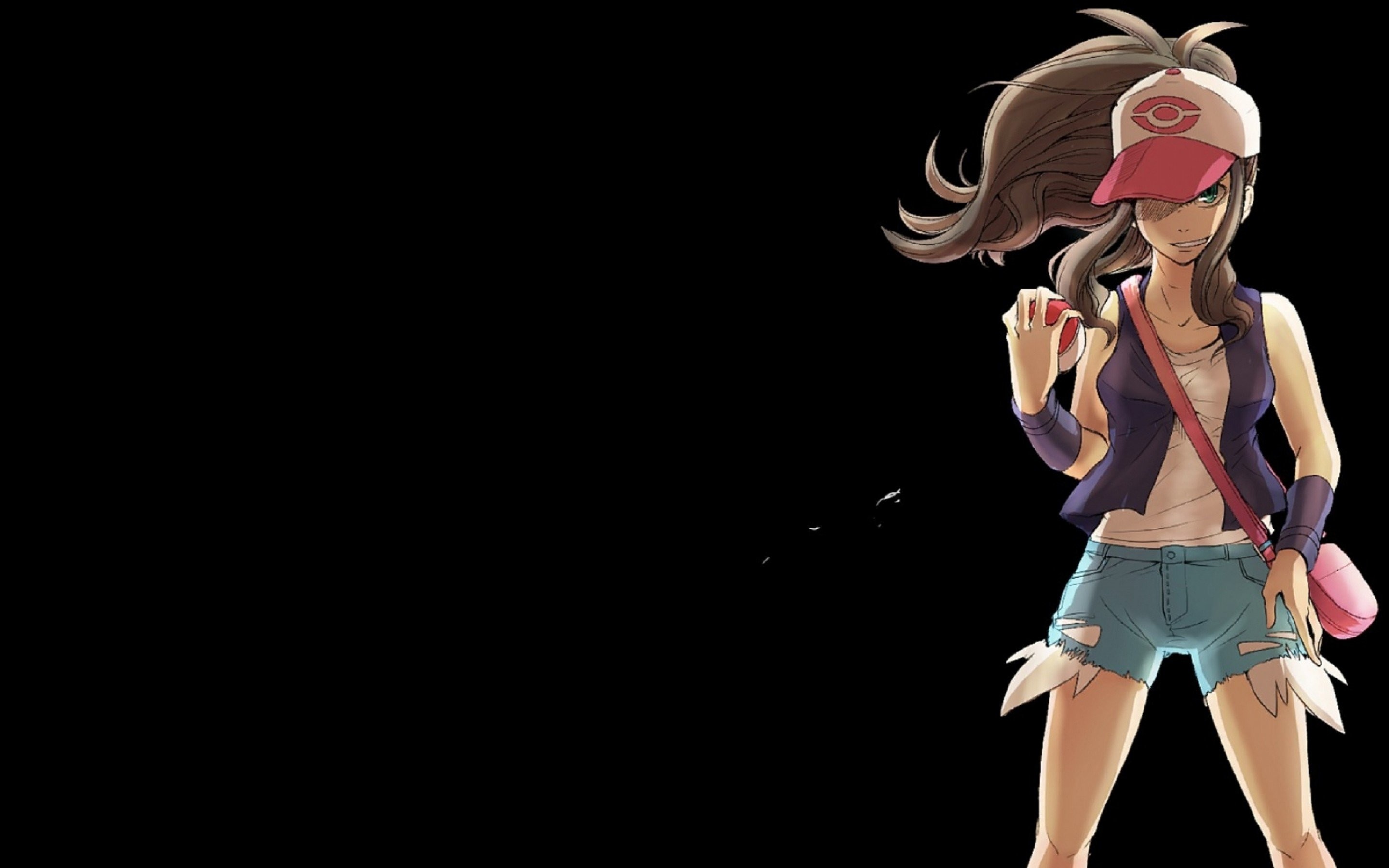 A female Pokémon trainer, possibly Leaf from the Pokémon FireRed and LeafGreen games, stands confidently against a black background. She wears a pink cap with the Pokémon League logo, a white tank top, a purple vest, ripped denim shorts, and a pink satchel. She holds a Poké Ball in her right hand, ready for battle. Her long brown hair flows behind her