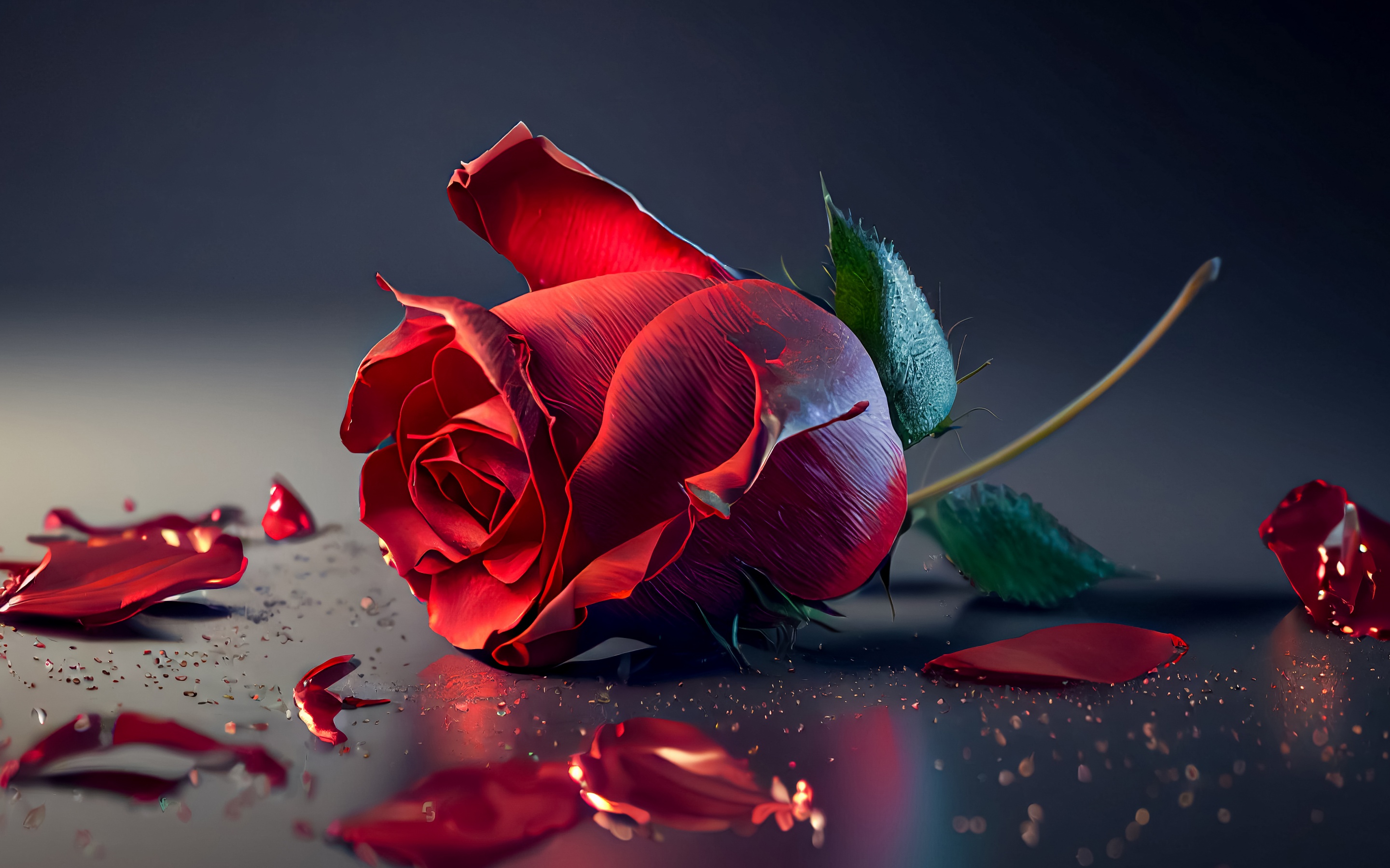 A close-up, dramatic 4K image of a single red rose on a dark, reflective surface, with scattered petals. Ideal for mobile wallpapers