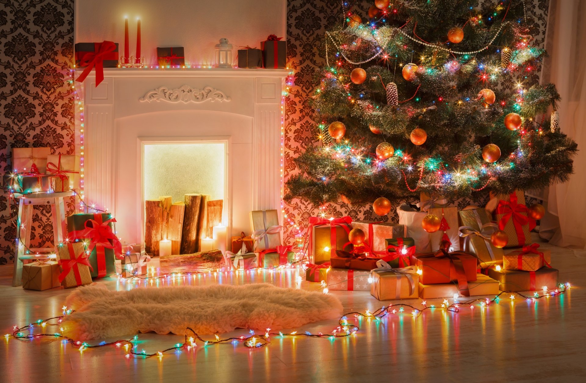 A cozy Christmas scene with a decorated tree, presents, and a fireplace