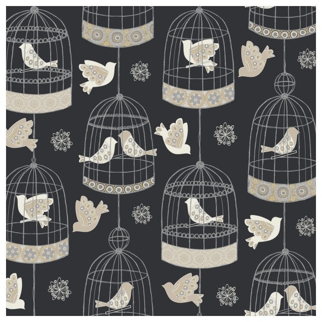 York Sure Dark Gray Strip Birdcage Wallpaper Contemporary