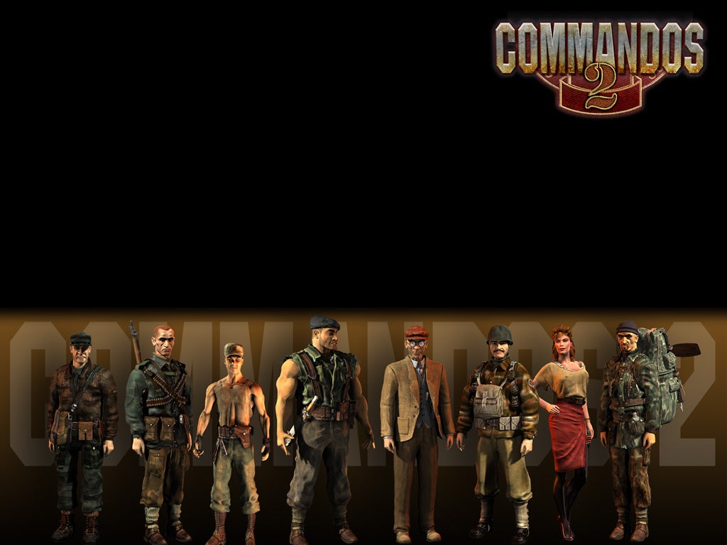 Promotional image for Commandos 2, showcasing the diverse cast of characters against a dark backdrop. The rusty game logo adds a gritty touch