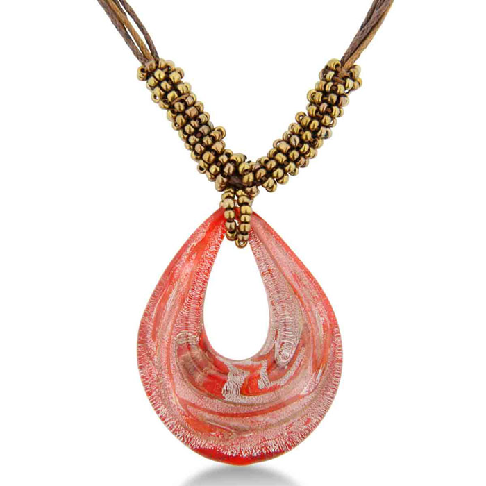 Silver Teardrop Murano Glass Pendant On Inch Beaded Cord Necklace
