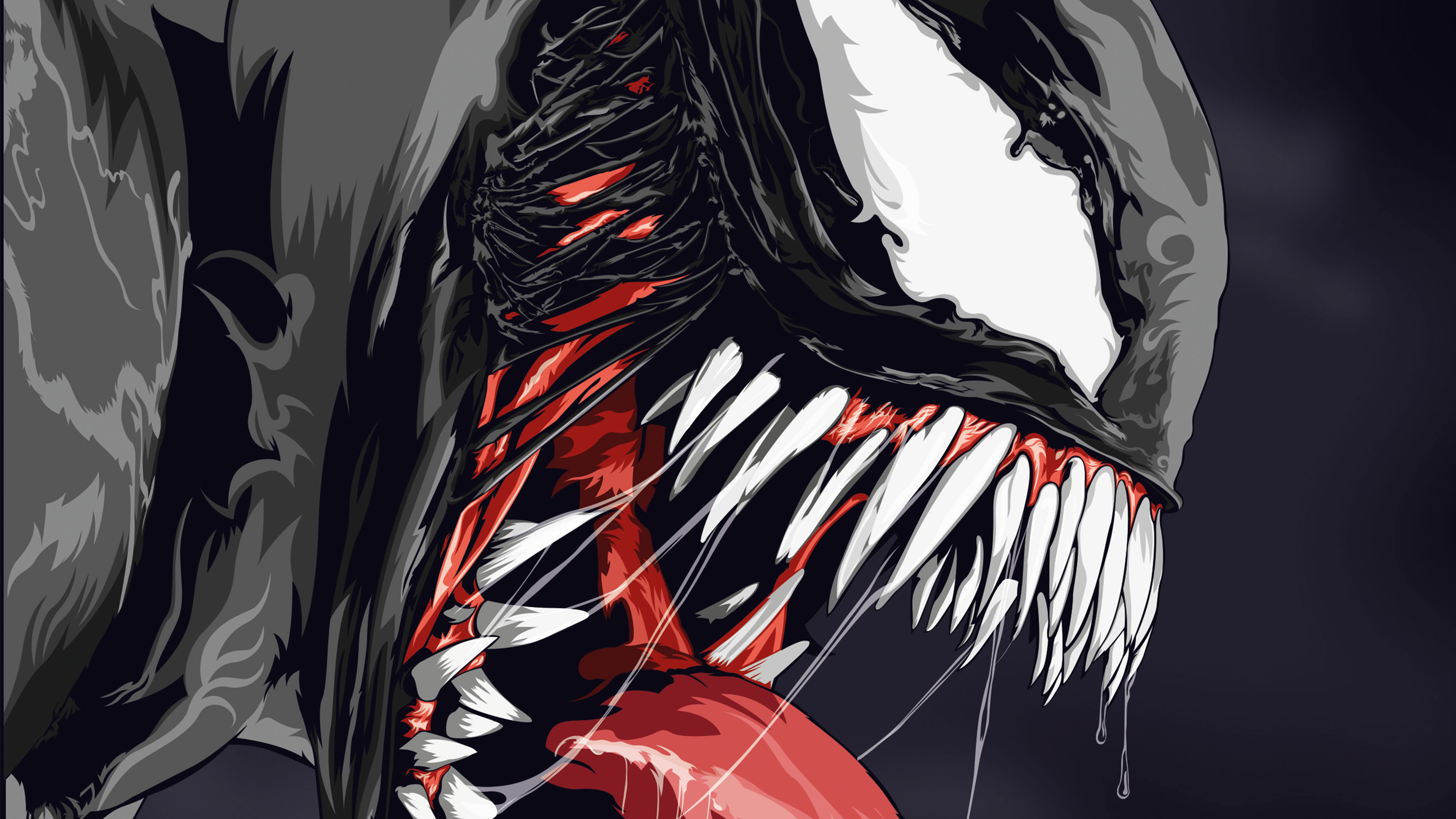 Close-up illustration of Venom's head, showcasing sharp teeth, long tongue, and menacing expression