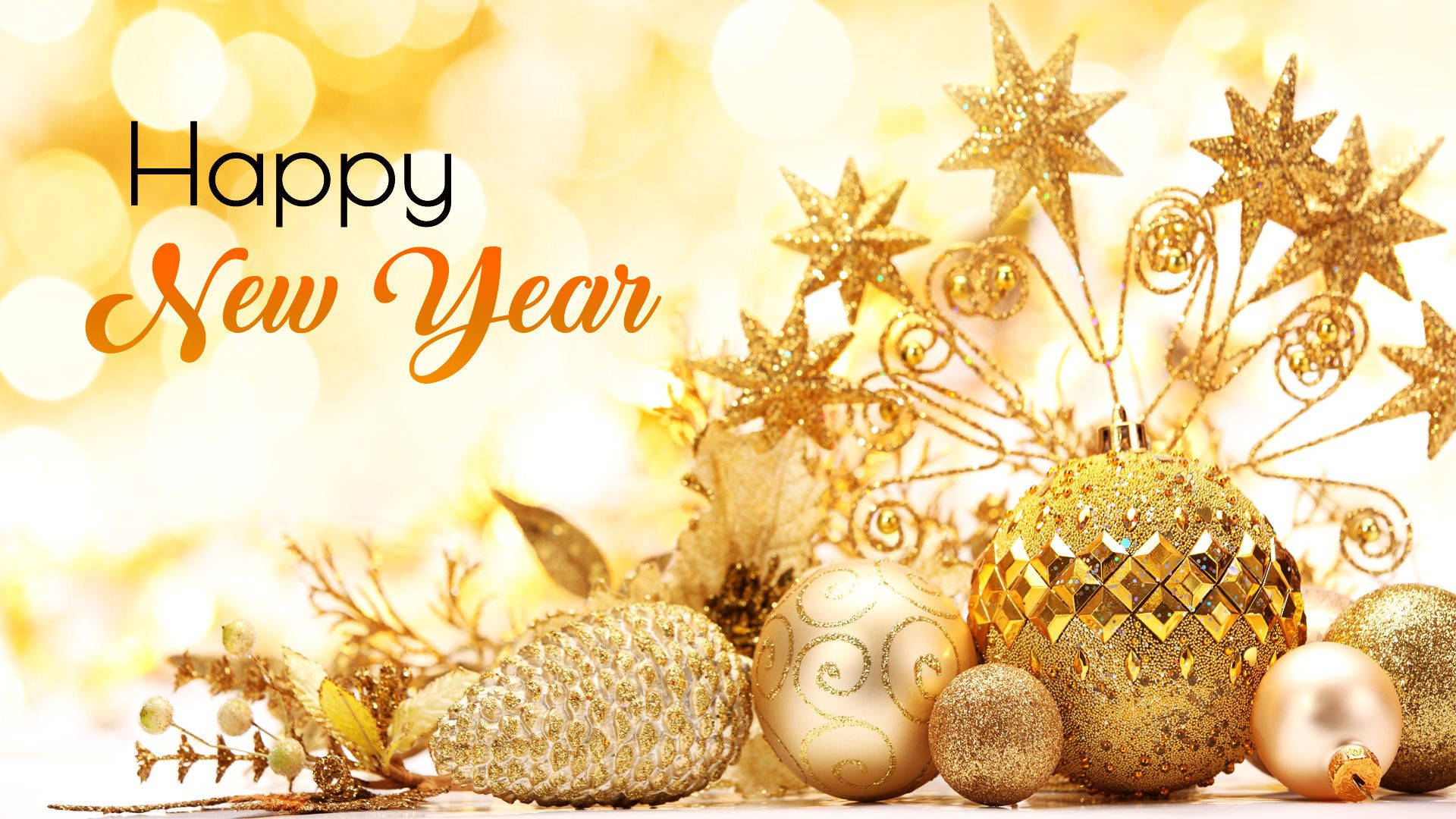 Golden New Year Decorations on a Sparkling Background